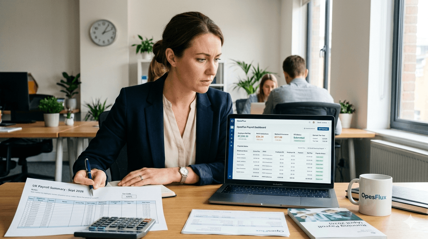 Business owner calculating payroll for UK employees including PAYE and National Insurance